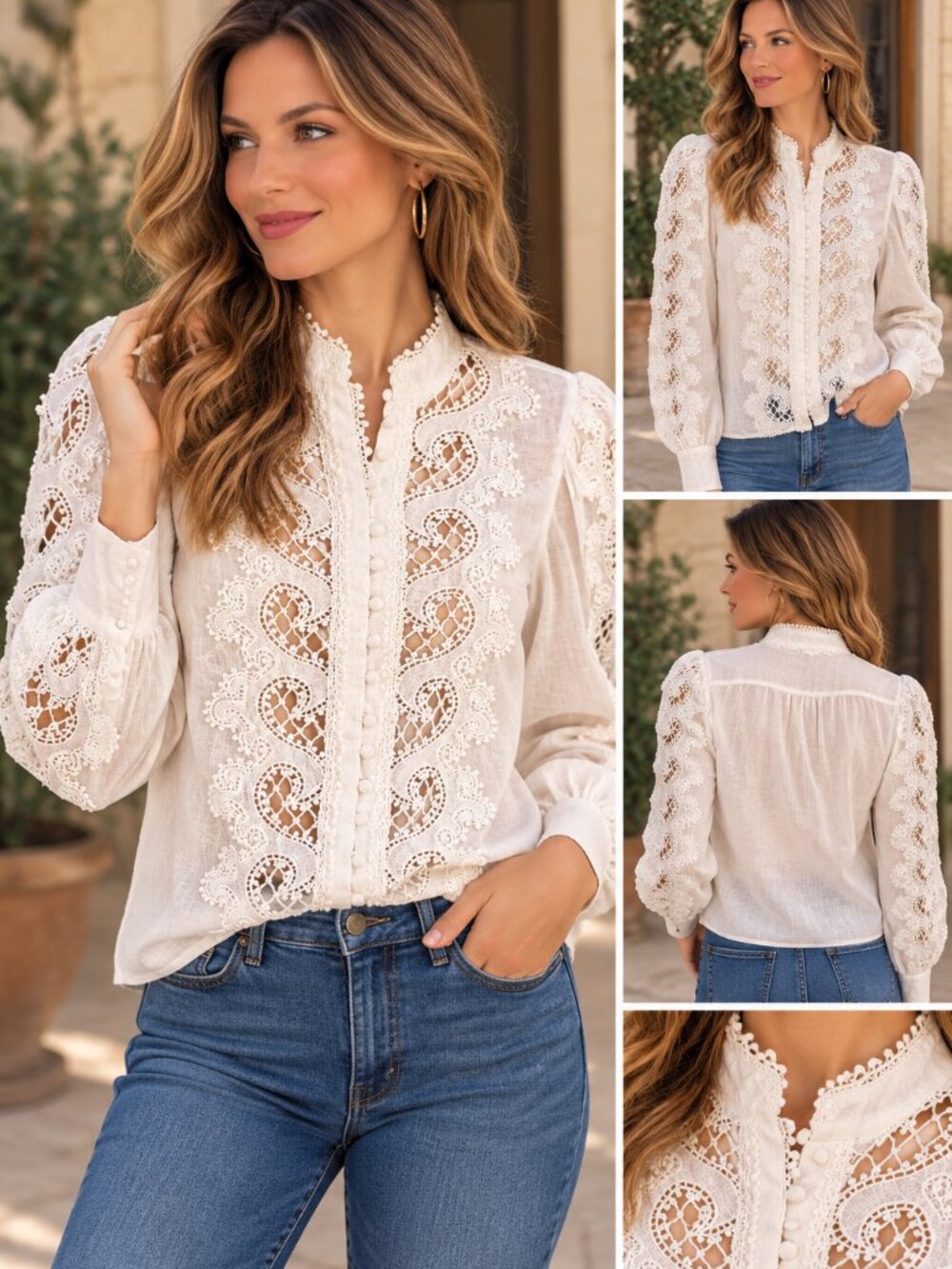 Boston Proper Women's White Lace Cutout Button‑Up Blouse Boho Chic XS